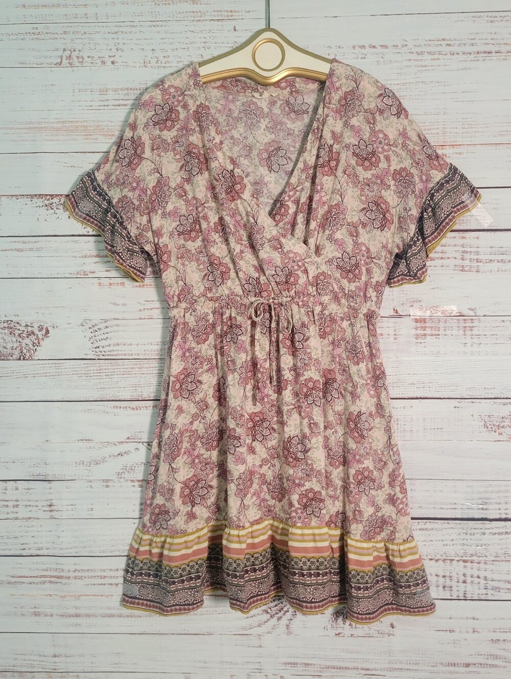 Pink Boho Floral Cross Front Midi Dress‎ Large Cottagecore